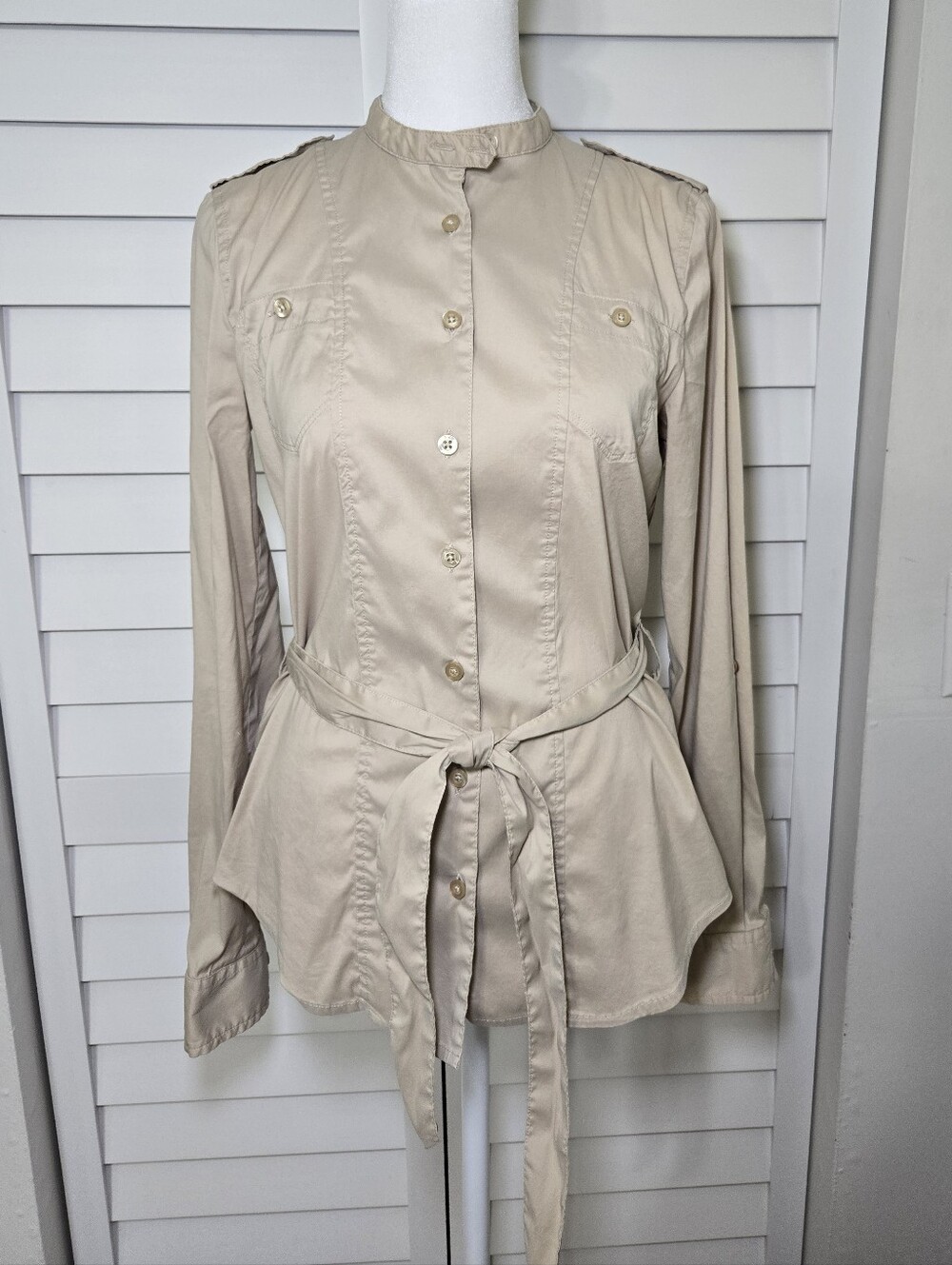 Armanie Exchange Womens Beige Tie-Waist Shirt Button Front Size S
